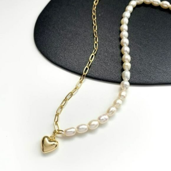Gold Plated Cultured Baroque Pearl Chain Link Heart Pendant Choker Necklace - Picture 9 of 10